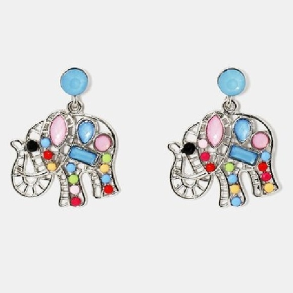 Mosaic Elephant Dangle Earrings Silver Blue - Picture 1 of 1